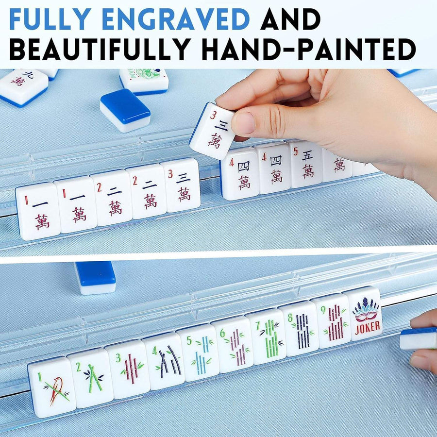 American Mahjong Set with Foldable Travel Case, Engraved Acrylic Tiles, White and Blue, view 4