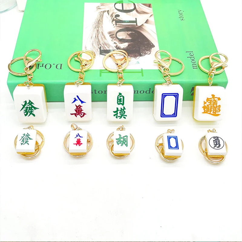Mini Mahjong Tile Keychain, Red Dragon, Green Dragon and White Dragon Designs, Acrylic and Metal, view 4