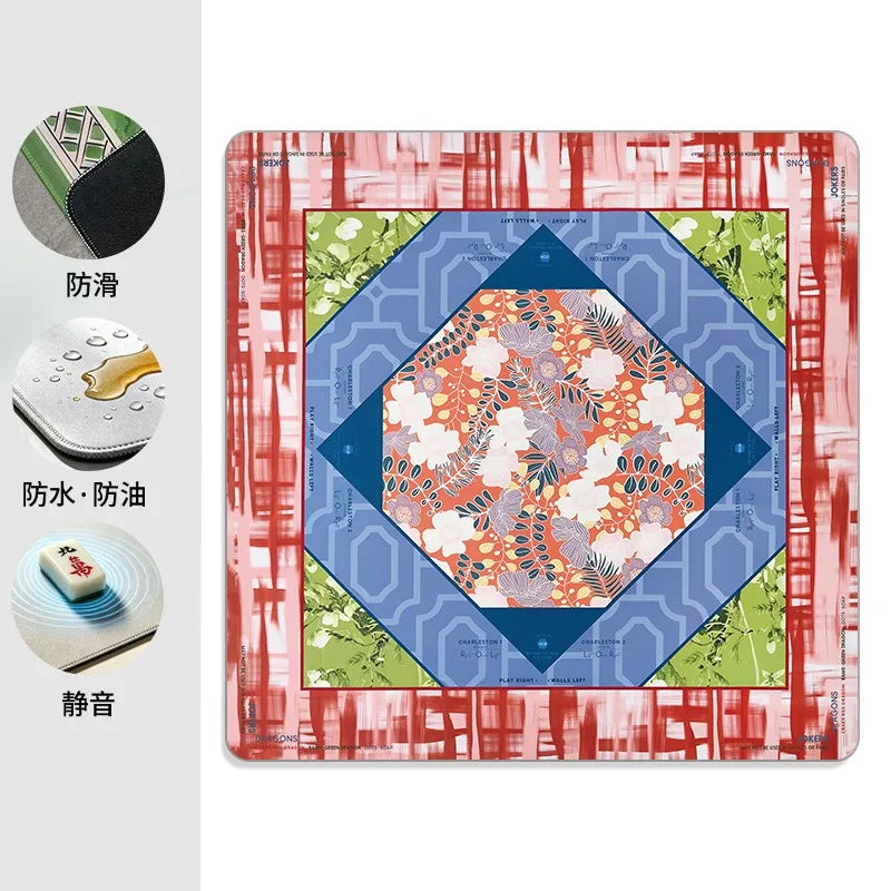 Mahjong Game Mat with Carry Bag, Rubber, Non-Slip, Quiet, Vintage Floral Pattern