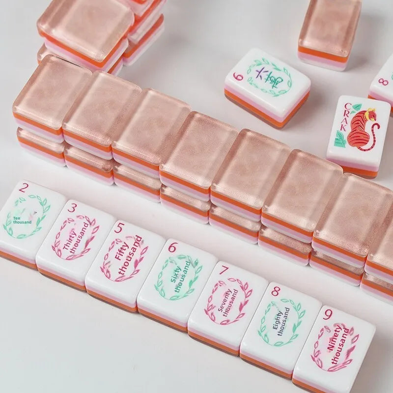 Mini American Mahjong Set, 4 Layer Color-Block Acrylic Tiles with Green Rhinestones, in Bag, view 3