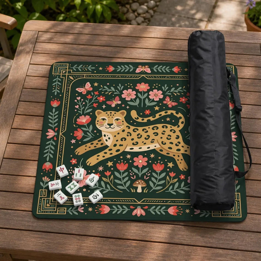American Mahjong Mat with Storage Bag, Neoprene, Non-Slip, Noise Reducing, Folk Art Leopard Floral, view 2
