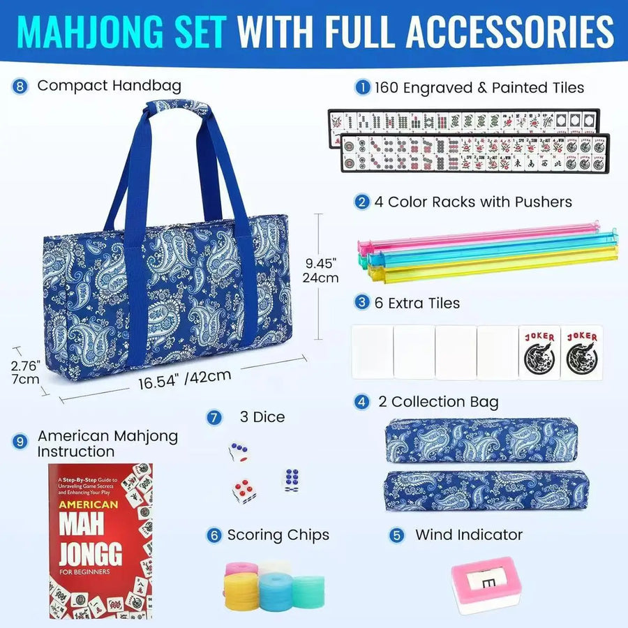 American Mahjong Set, 160 Engraved Tiles, 4 Color Racks and Pushers, Carry Bag, Dice, Scoring Chips, view 12