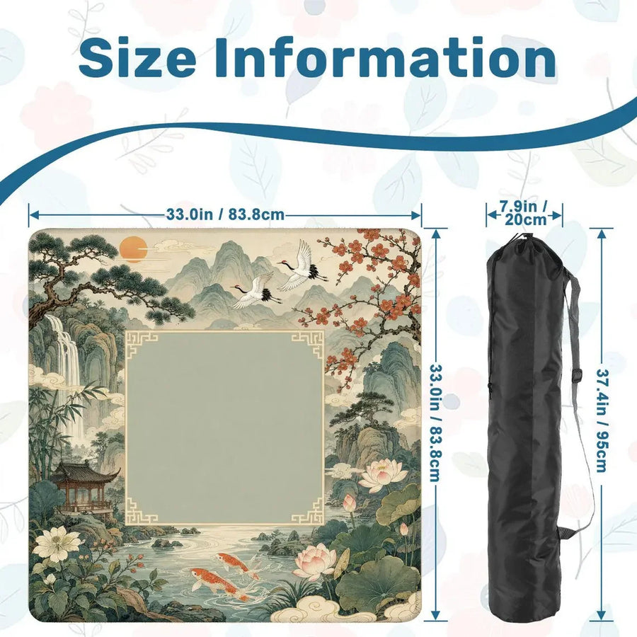 American Mahjong Mat with Carry Bag, Non-Slip Rubber, Shan Shui Landscape with Crane, Koi and Lotus, view 2