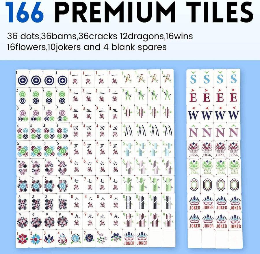 American Mahjong Set with Foldable Travel Case, Engraved Acrylic Tiles, White and Blue, view 2
