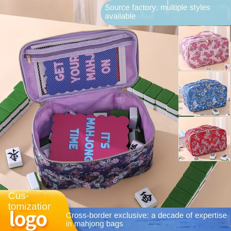 Mahjong Tile and Rack Storage Bag with Handle, Floral Retro Makeup Pouch Design, view 2