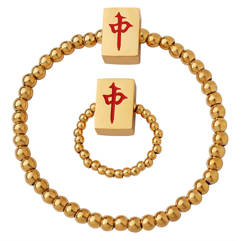Mahjong Elastic Rope Ring Bracelet, Stainless Steel, 18K Gold Plated, Ethnic Style, view 6