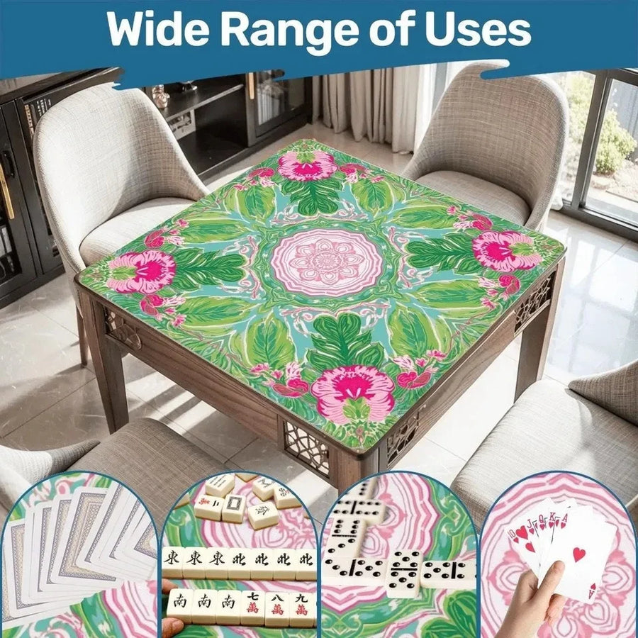 American Mahjong Mat, 31.5 Inch Foldable Rubber, Non-Slip, Green and Pink Paradise Floral, view 2