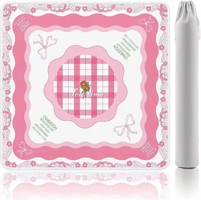 American Mahjong Mat with Storage Bag, Square Rubber, Non-Slip, Noise Reducing, Pink Bow, view 7