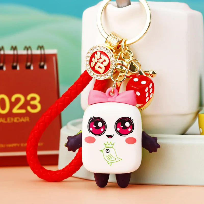 Mahjong Keychain, Metal Bag Charm with Red Braided Loop, 11 x 5.8 x 5 cm, 3 Styles, view 2