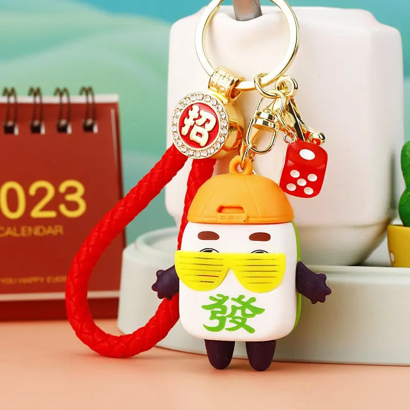 Mahjong Keychain, Metal Bag Charm with Red Braided Loop, 11 x 5.8 x 5 cm, 3 Styles, view 7