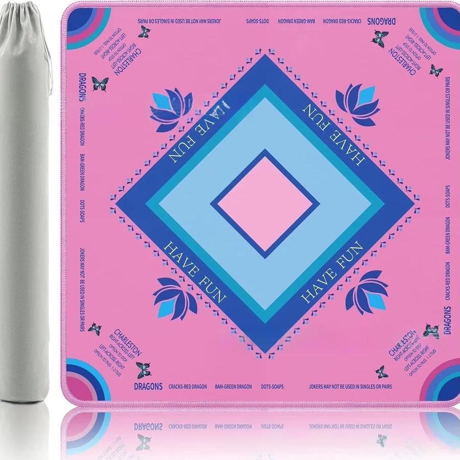 American Mahjong Mat with Storage Bag, Square Rubber, Non-Slip, Noise Reducing, Pink Bow
