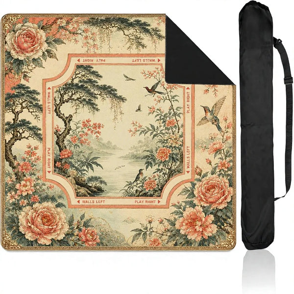American Mahjong Mat, Rubber, Vintage Coral Peony and Bird Chinoiserie Floral Design