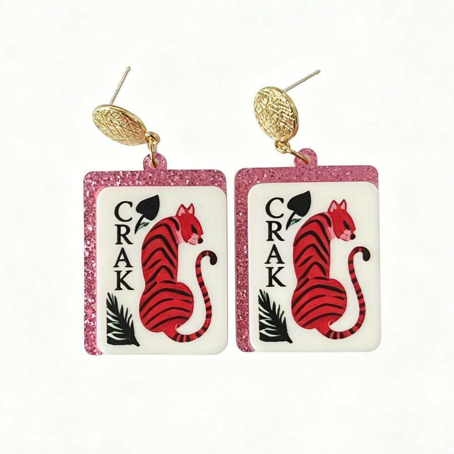 Mahjong Tile Earrings, Glitter Acrylic, Square Joker Tile Charm, view 3