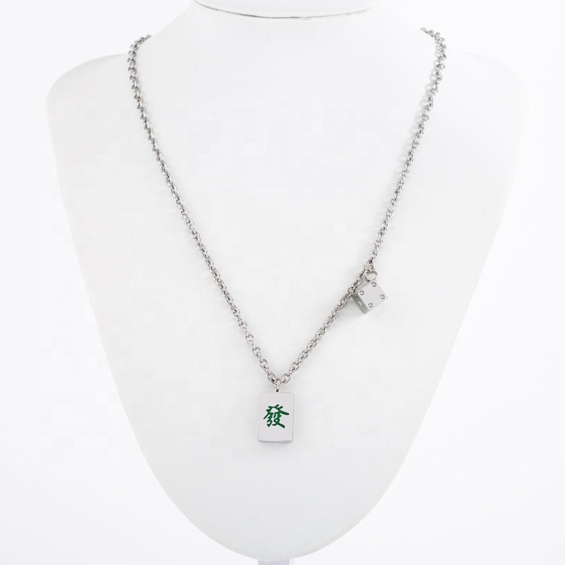 Mahjong Dice Pendant Necklace, Square Stainless Steel, Green, 21.7 Inch (55 cm) Chain, view 4