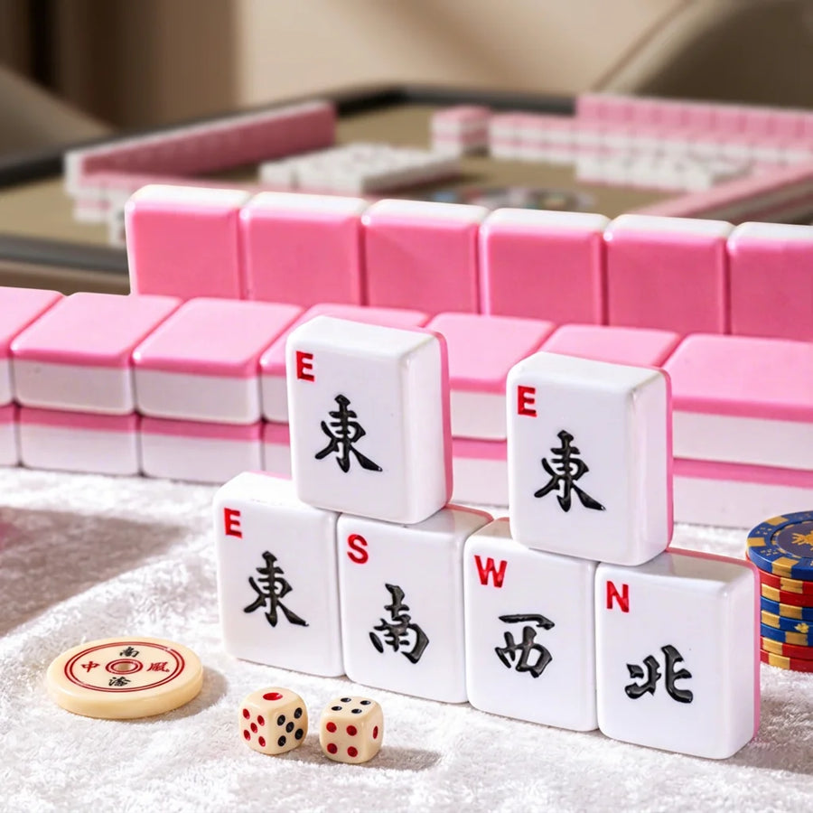 American Mahjong Set, 166 Engraved Melamine Tiles, 30mm, Pink and White, view 6
