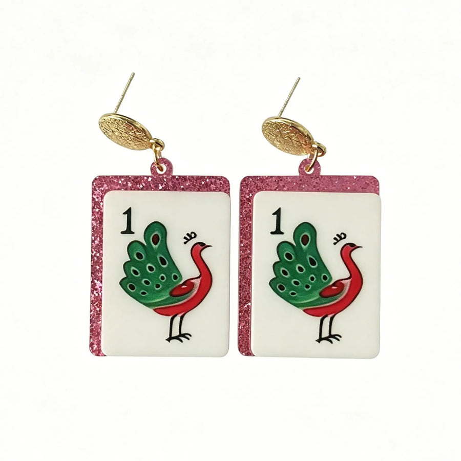Mahjong Tile Earrings, Glitter Acrylic, Square Joker Tile Charm