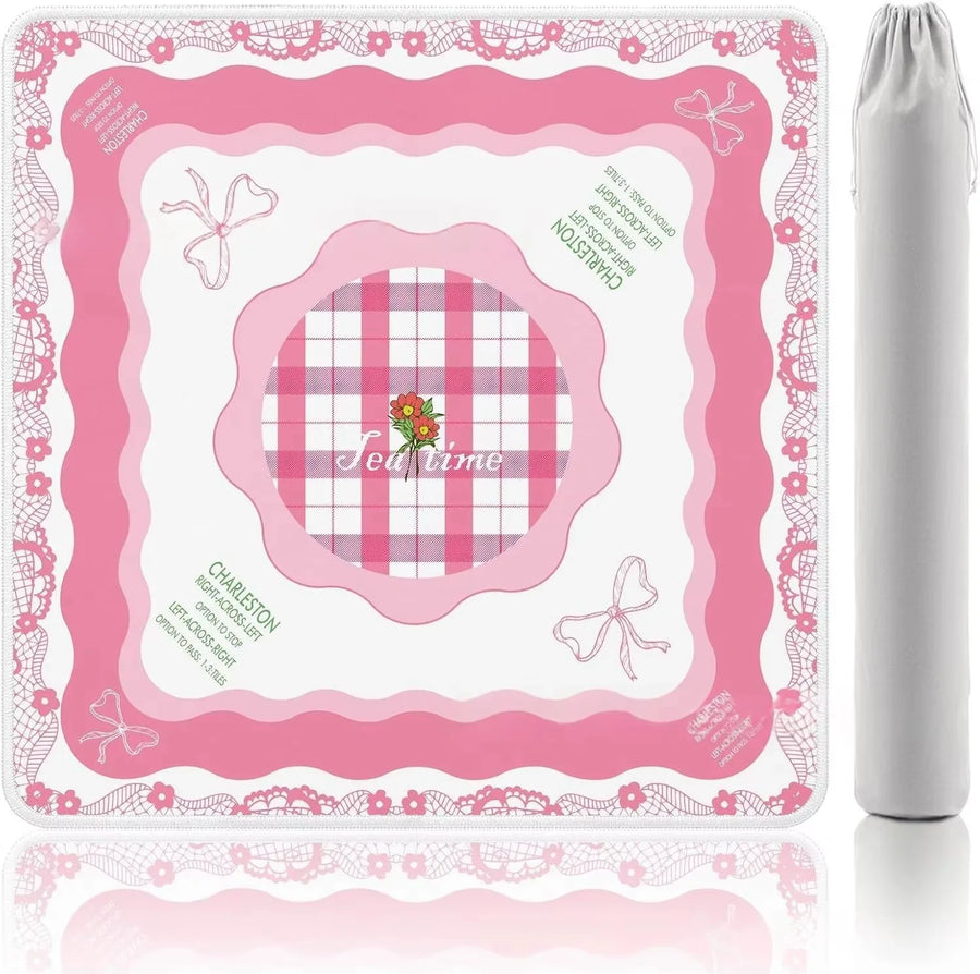American Mahjong Mat with Storage Bag, Square Rubber, Non-Slip, Noise Reducing, Pink Bow