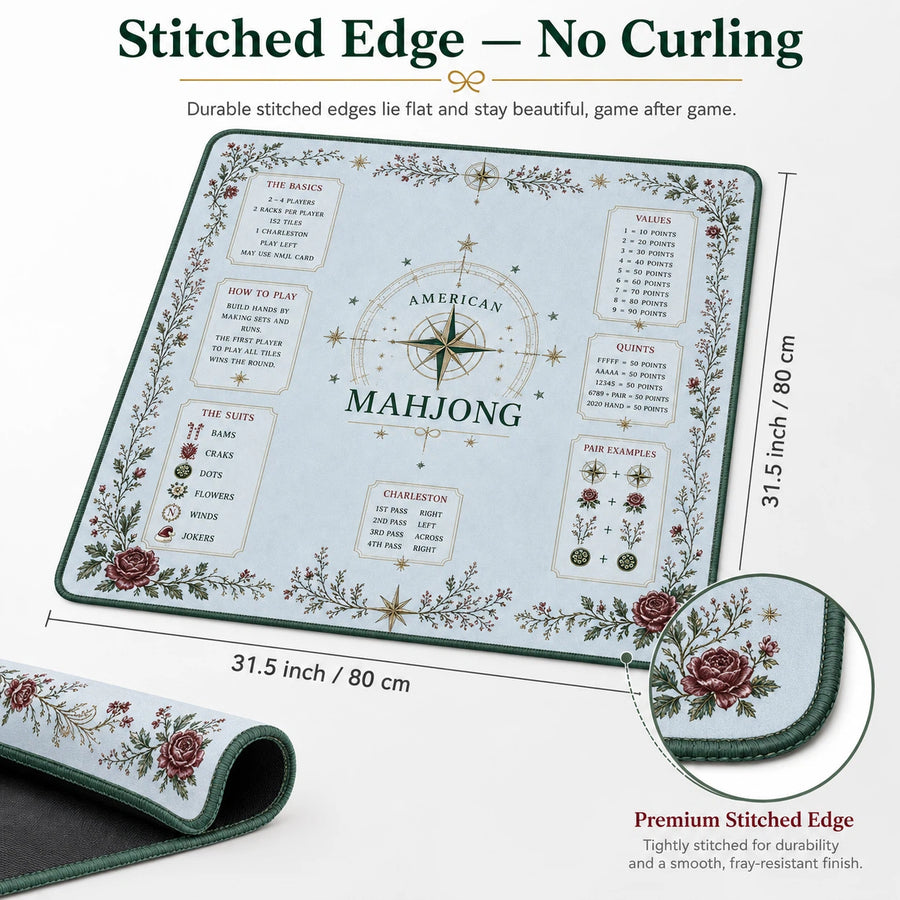 American Mahjong Mat with Built-In Scoring Guide, Neoprene, Non-Slip, Vintage Blue Rose Botanical, view 4