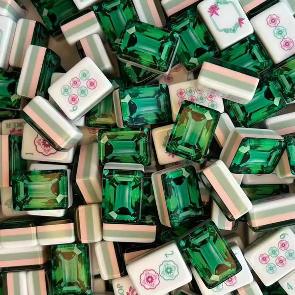 Mini American Mahjong Set, 4 Layer Color-Block Acrylic Tiles with Green Rhinestones, in Bag
