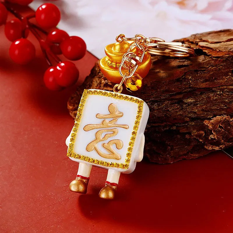 Mahjong Tile Keychain, Resin with Rhinestones, Ruyi Ingot Bag Charm, 2.1 x 1.4 Inch, 2 Styles, view 7