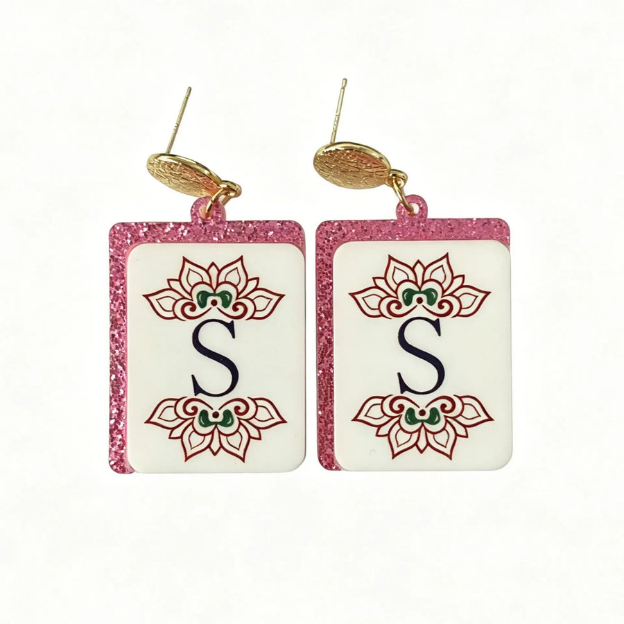 Mahjong Tile Earrings, Glitter Acrylic, Square Joker Tile Charm, view 9