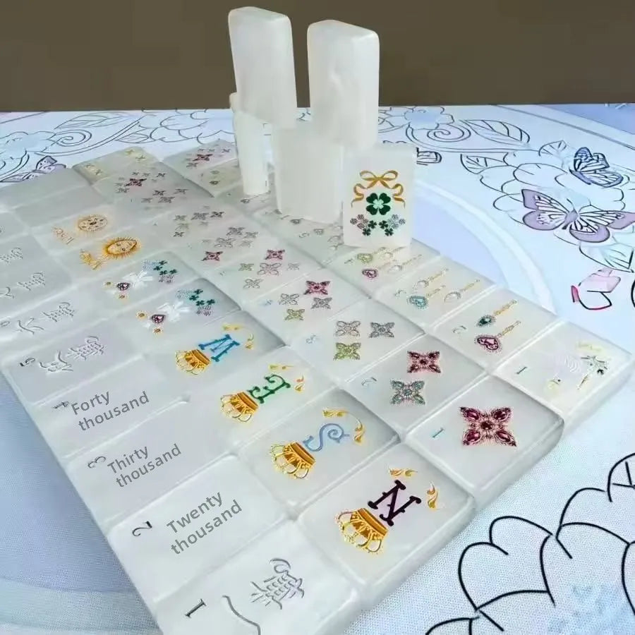 Mini American Mahjong Set, 4 Layer Color-Block Acrylic Tiles with Green Rhinestones, in Bag, view 2