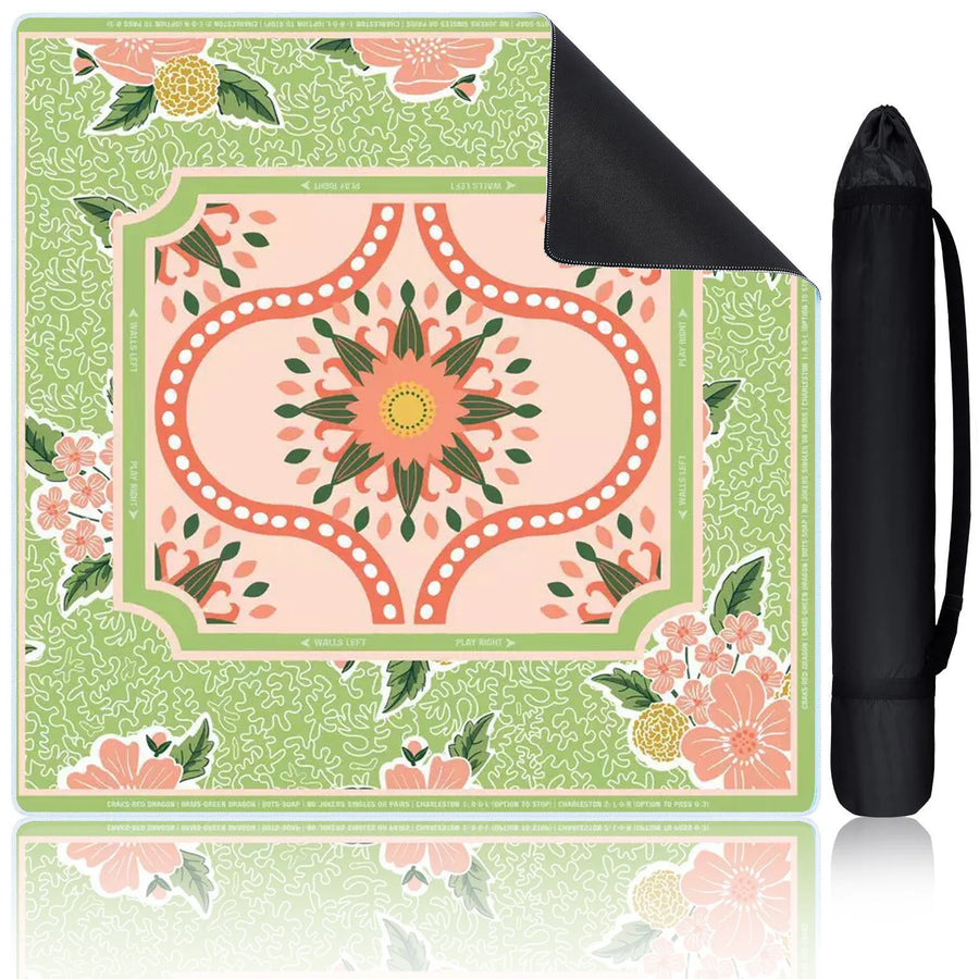 American Mahjong Mat, 31.5 x 31.5 Inch (80 cm) Rubber, Non-Slip, Stain Resistant, Green and Pink Floral