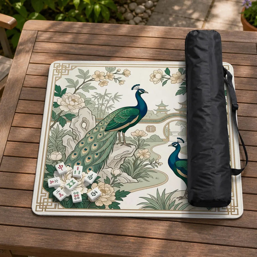 American Mahjong Mat with Storage Bag, Neoprene, Non-Slip, Noise Reducing, Peony and Peacock, view 2