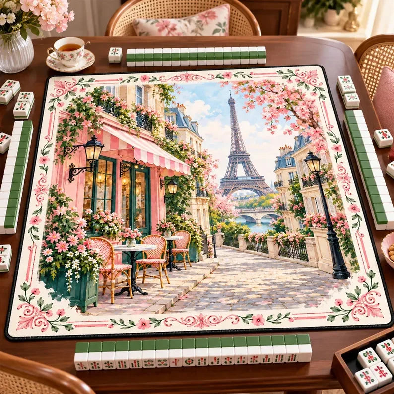 American Mahjong Mat with Carry Bag, Non-Slip Rubber, Shan Shui Landscape with Crane, Koi and Lotus