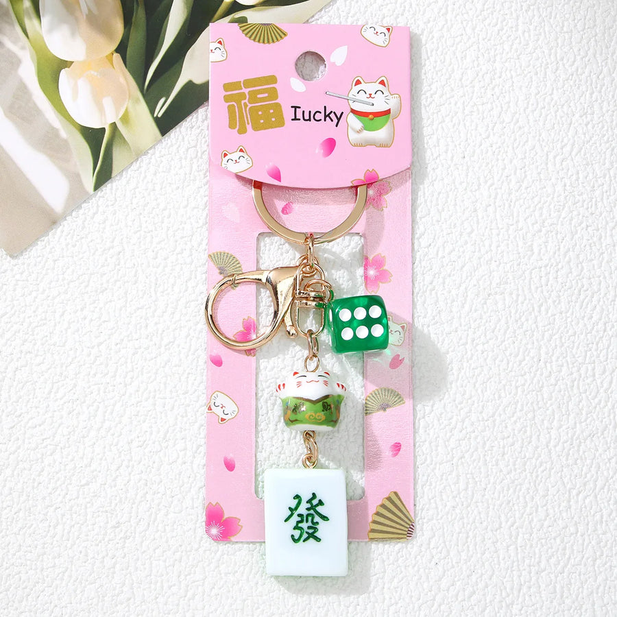 Mahjong Lucky Cat Keychain, Fortune Cat and Dice Bag Charm, Lightweight Key Ring, view 7