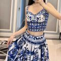 2022 Summer Women Elegant Blue And White Porcelain Print Skirts Sets Fashion Crop Top Vest High Waist Big Swing Runway Skirts