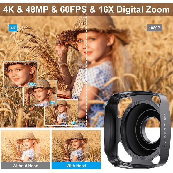 4K Video Camera Camcorder with Microphone 48MP Vlogging  16X Zoom 3.0" Touch Screen IR Night Vision Wi-Fi Vlog Cameras Web