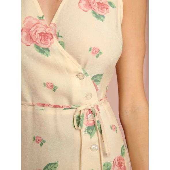 Women Dress 2022 Spring Summer New French Rouj* Print V-neck Wrap Tie Sleeveless Dress Women Casual Mid-length Dress