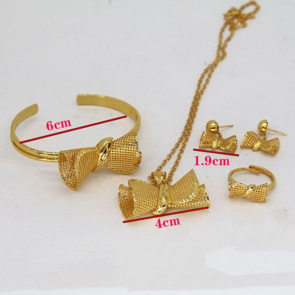Africa Bow Tie Design Jewelry Set Gold Color Ethiopian Necklace Earrings Bangle Ring Set For Women Wedding Birthday Party Gift