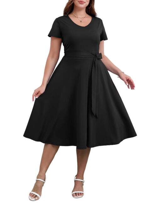 FOLUNSI Plus Size V-Neck Midi Dress with Pockets