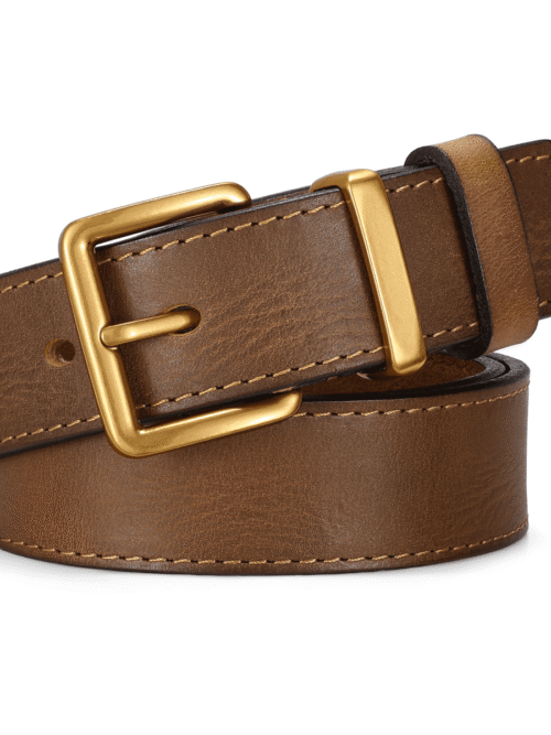 JASGOOD Vintage Leather Belt with Antique Gold Buckle