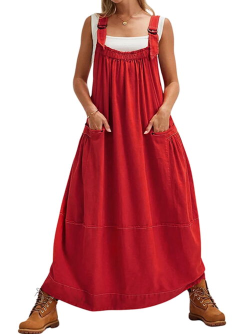 PUWEI Barrel Midi Overall Dress with Pockets