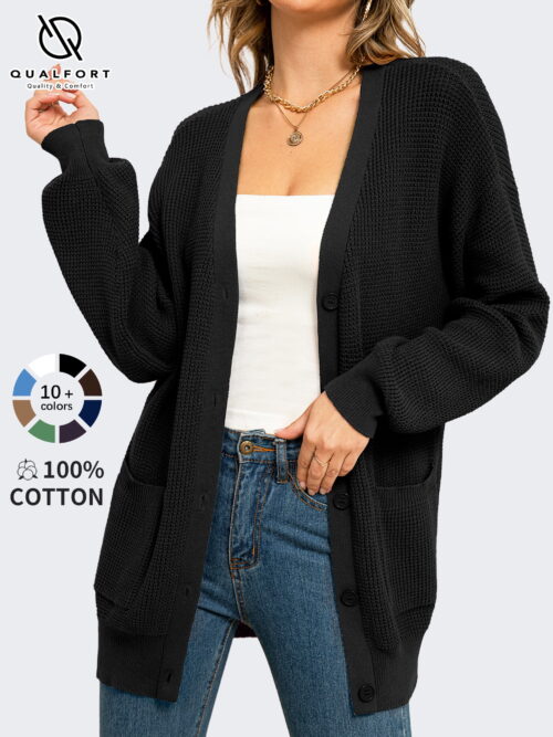 QUALFORT Cotton Oversized Button-Front Cardigan