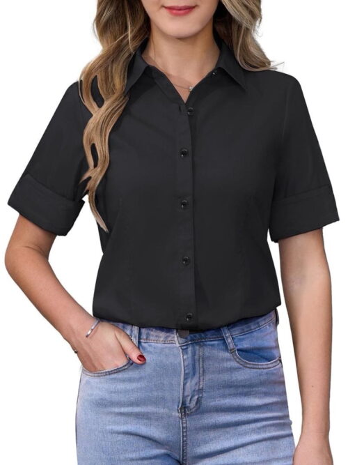 Siliteelon Short Sleeve Button-Down Work Blouse