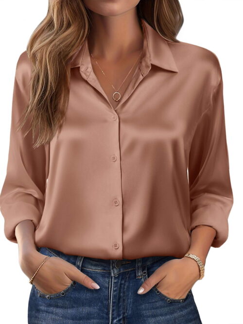 Zeagoo Satin Long Sleeve Button-Down Blouse
