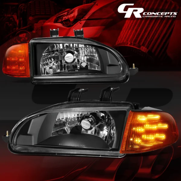 PAIR BLACK AMBER LED TURN SIGNAL HEADLIGHT LAMP LH+RH FOR 1992-1995 HONDA CIVIC