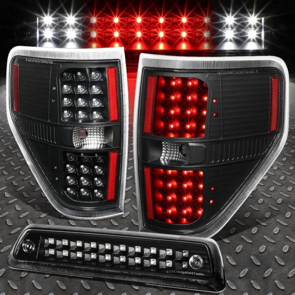 FOR 09-14 FORD F150 FULL LED TAIL LIGHT+DUAL-ROW THIRD BRAKE/CARGO LAMP BLACK