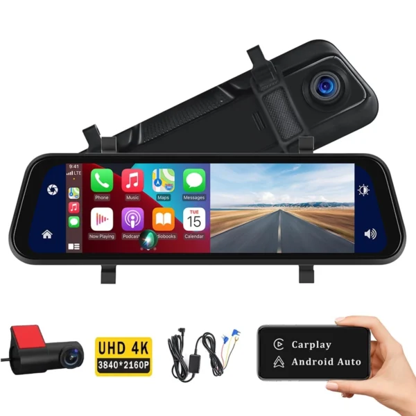 4K Front Rear View Mirror Dash Cam 10 Inch IPS Touch Screen Carplay UHD Car DVR