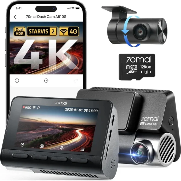 70mai A810S 4K Dash Cam Front Rear WiFi GPS ADAS 128GB SD Night Vision